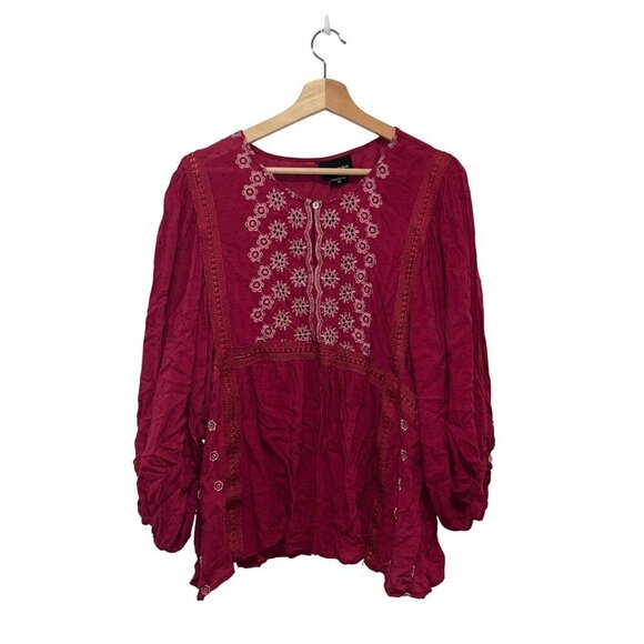 LIV Los Angeles Burgundy Elastic Sleeve Embroidered Boho Blouse Women's Size 2X - Picture 1 of 9